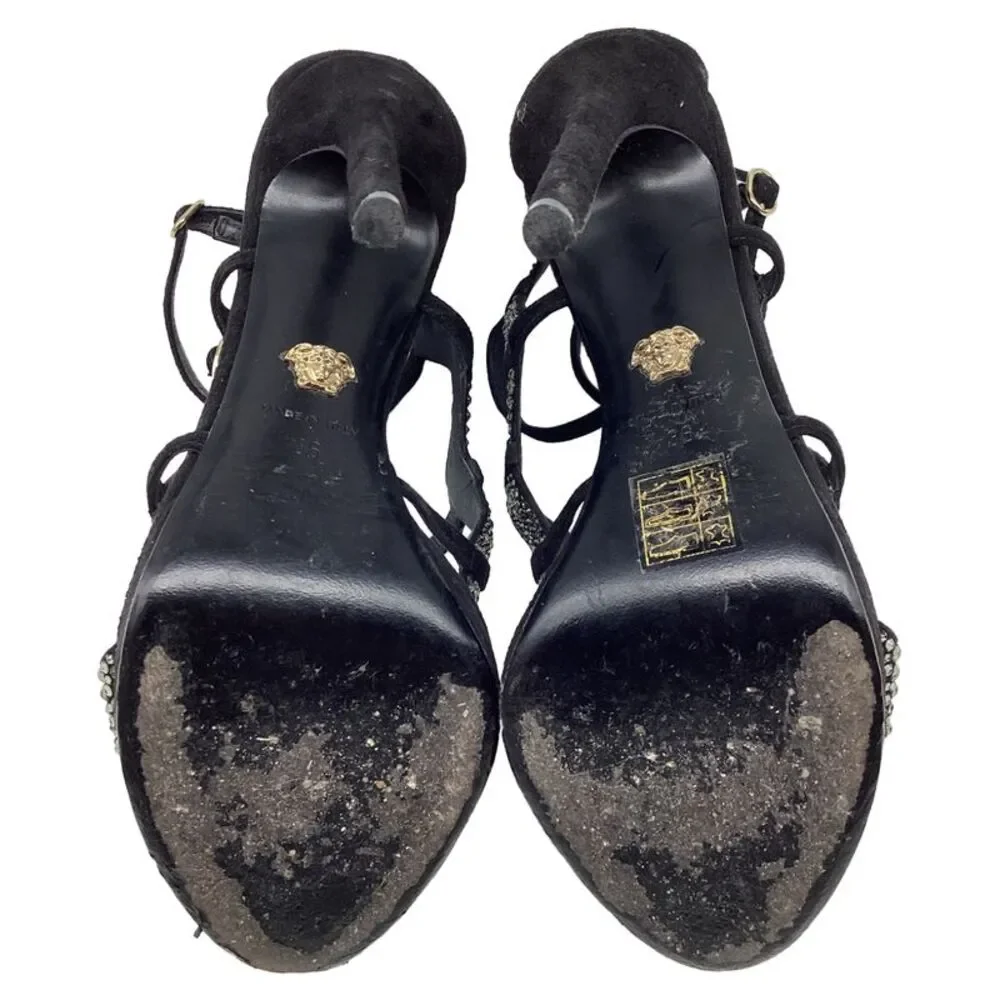Versace Crystal Embellished Gladiator Sandals in Black Suede